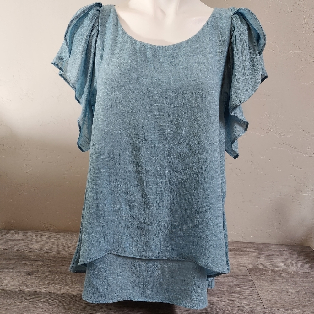 UMGEE Blue Top M Flowy Ruffle Sleeves Three Layer Gauze Design‎ Open Back Tie